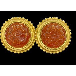 Vintage Forte Signed Carved Honey Amber Lucite Floral Gold Tone Clip On Earrings